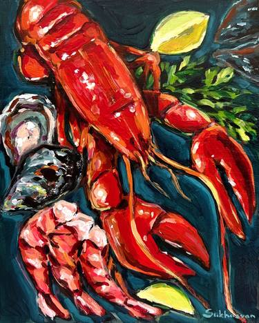Still life with Lobster, Shrimps and Lime slices thumb