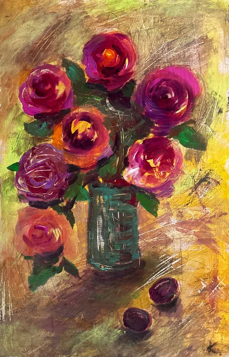 Roses and plums from my garden. Painting by Irina Kara | Saatchi Art