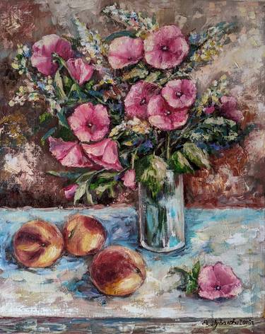 still life, flowers in a vase on the table "Flowers and peaches." thumb