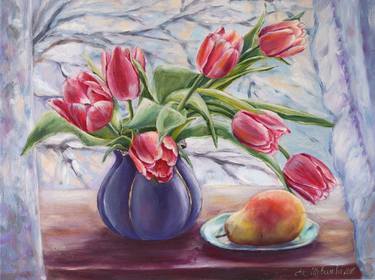 Painting, oil, flowers "Tulips in a vase" thumb