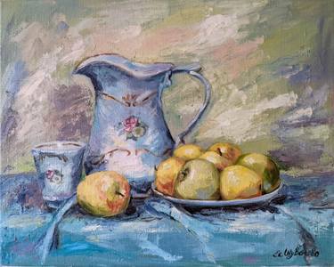 Still life, painting, dishes on the table, jug  "Apples." thumb