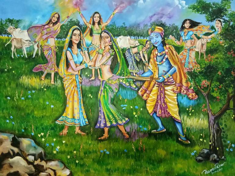Radha & Krishna playing Holi at Vrindavan Painting by Herendra Swarup |  Saatchi Art