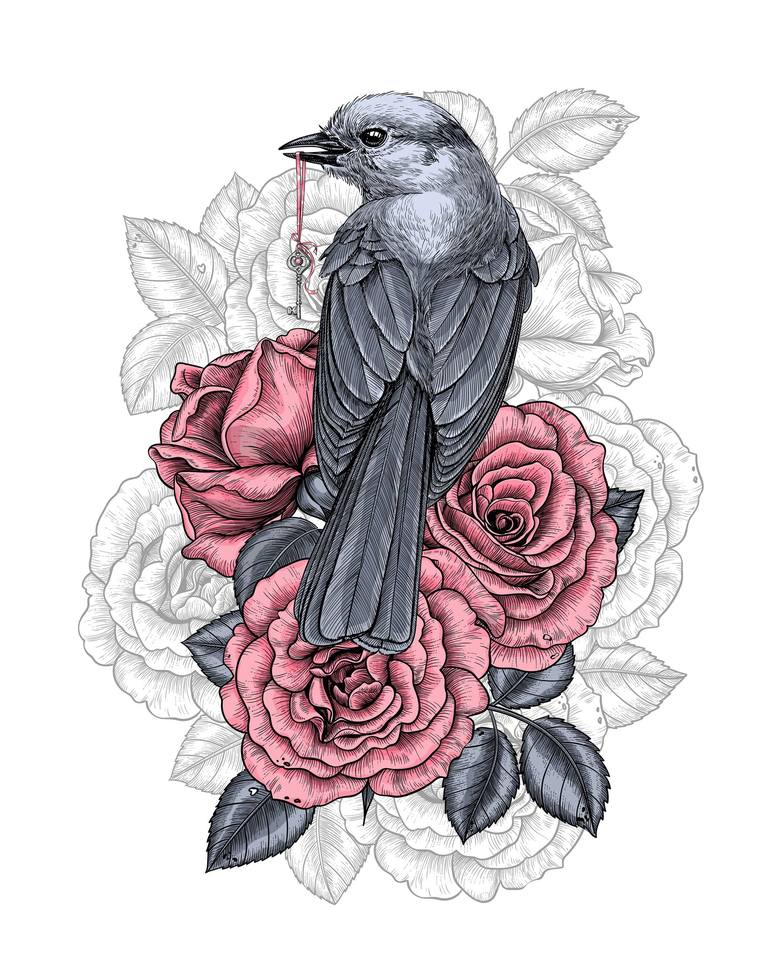 Blue Jay Bird On Bouquet Of Pink Flowers 8 in x 12 in Painting