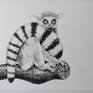 Illustration of a ring-tailed lemur made with ink and brush on watercolor paper. The main image is a scan and is cleaned and cropped in Photoshop and the other images included are photos, look at them to see the actual size and proportions of the drawing.