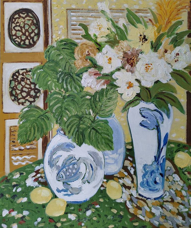 Original Art Deco Floral Paintings by 傅 仪