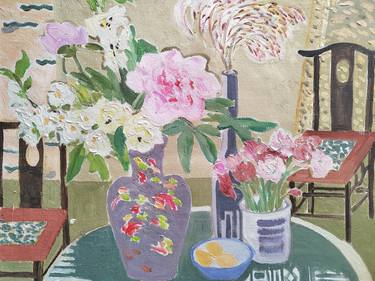 Original Art Deco Floral Painting by 傅 仪