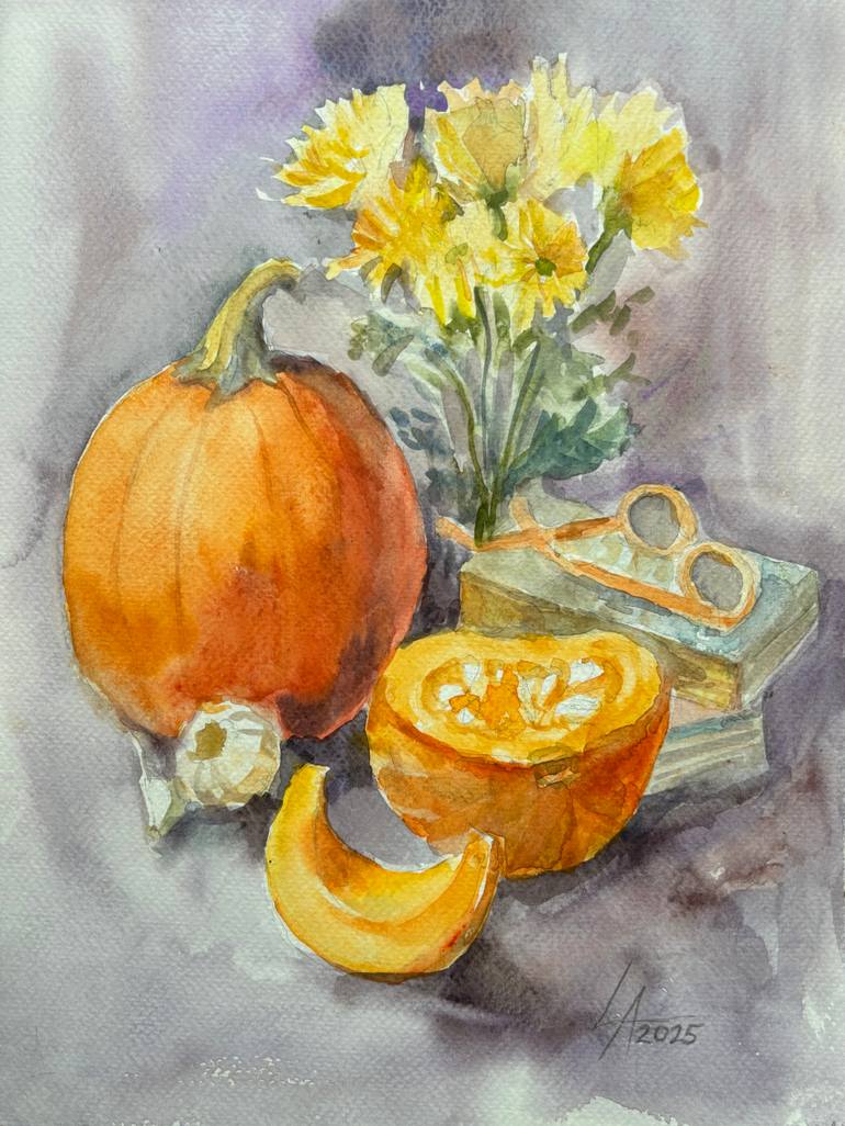 October still life with pumpkin Painting by Olena Lykhodid | Saatchi Art