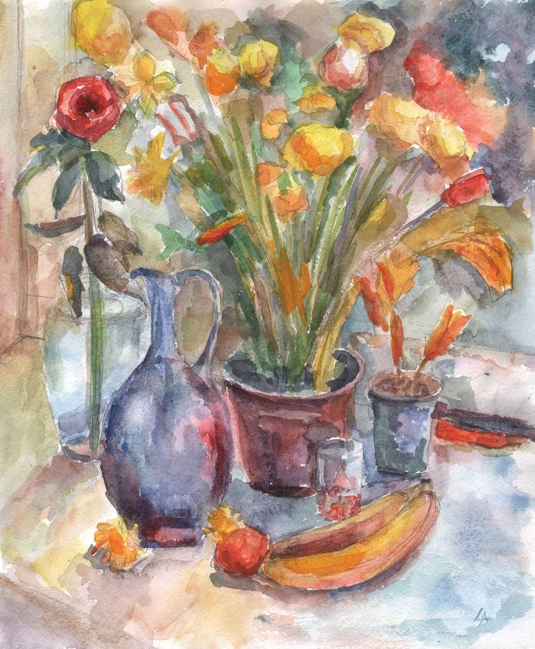 Still life with bananas Painting by Olena Lykhodid | Saatchi Art