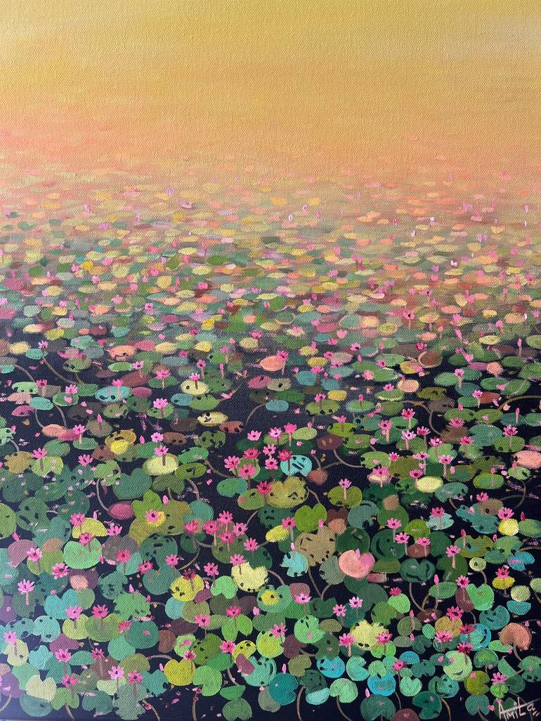 Water lily pond at sunrise ! A4 size Painting on paper (2019) Acrylic  painting by Amita Dand