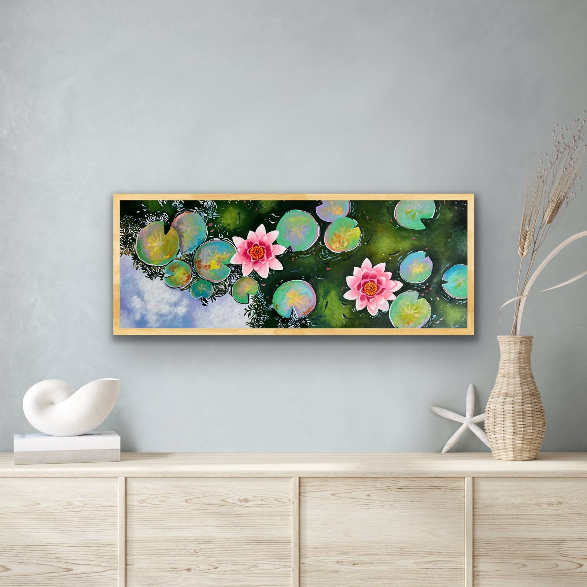 Water lily pond at sunrise ! A4 size Painting on paper (2019) Acrylic  painting by Amita Dand