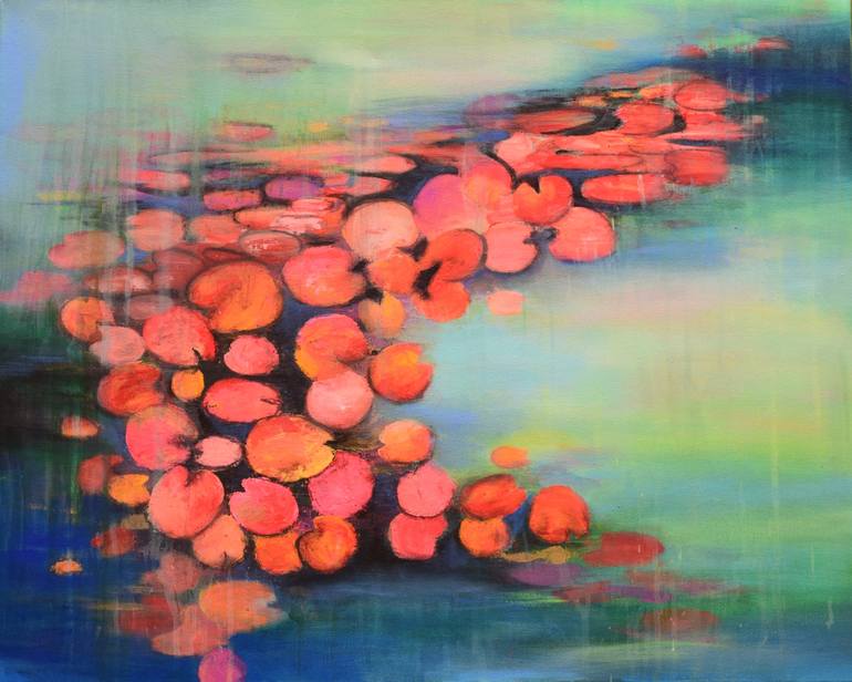 Clancy uitdrukken Vallen Abstract Water Lily Pond ! Lily pad ! Ready to hang ! Contemporary art  Painting by Amita Dand | Saatchi Art