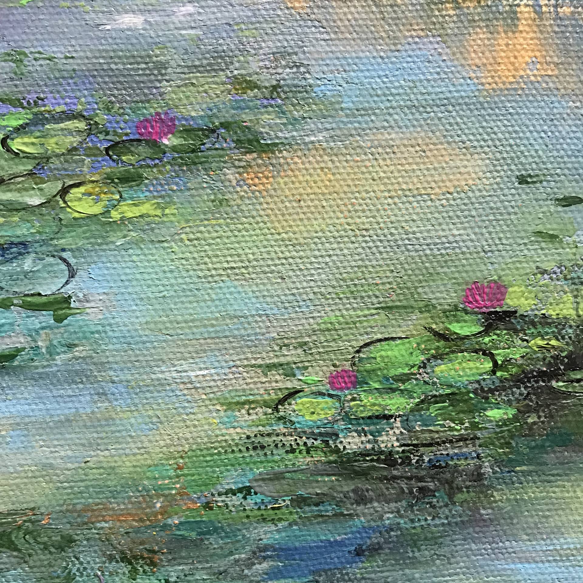 Water lily pond at sunrise ! A4 size Painting on paper (2019) Acrylic  painting by Amita Dand