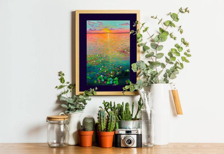 Water lily pond at sunrise ! A4 size Painting on paper (2019) Acrylic  painting by Amita Dand