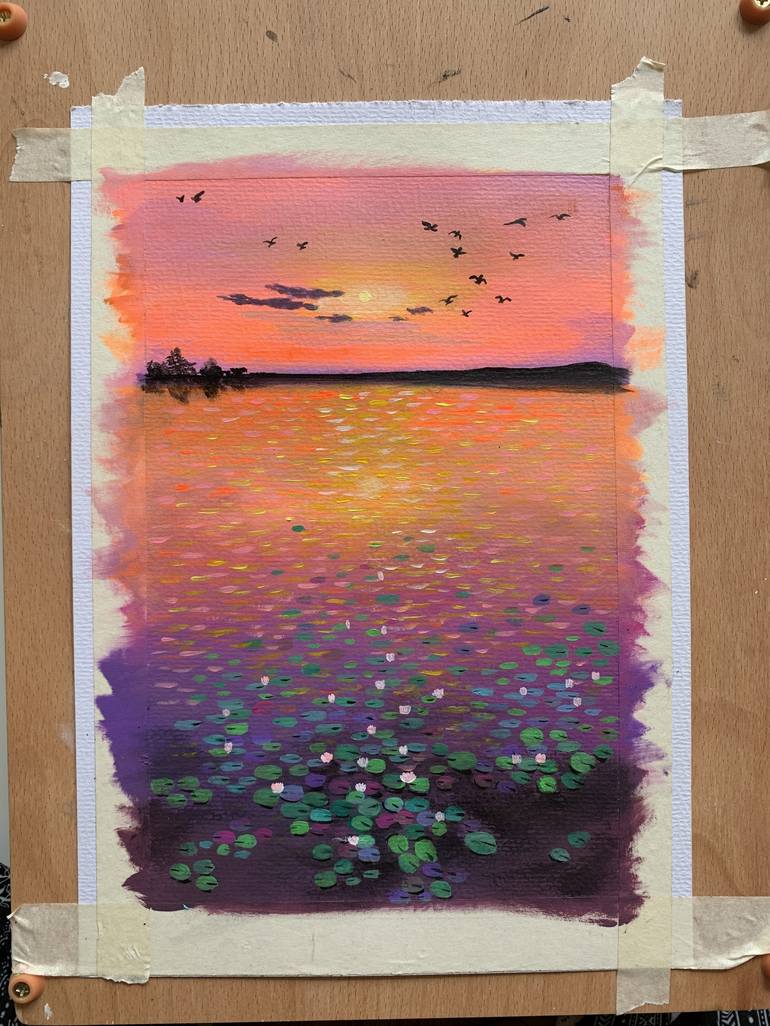 Water lily pond at sunset II ! Painting on paper Painting by Amita Dand