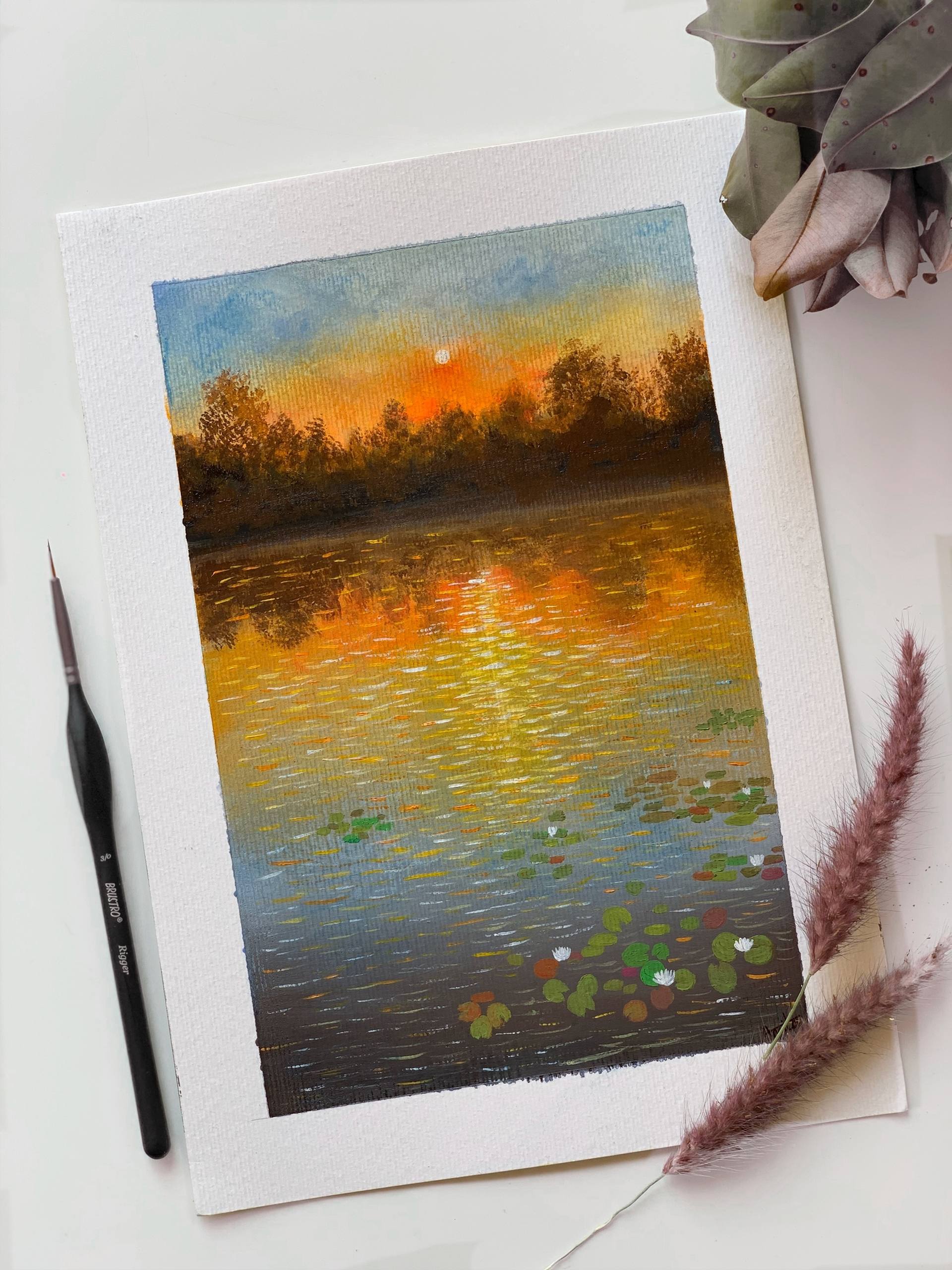 Water lily pond at sunset - 3 ! Painting by Amita Dand