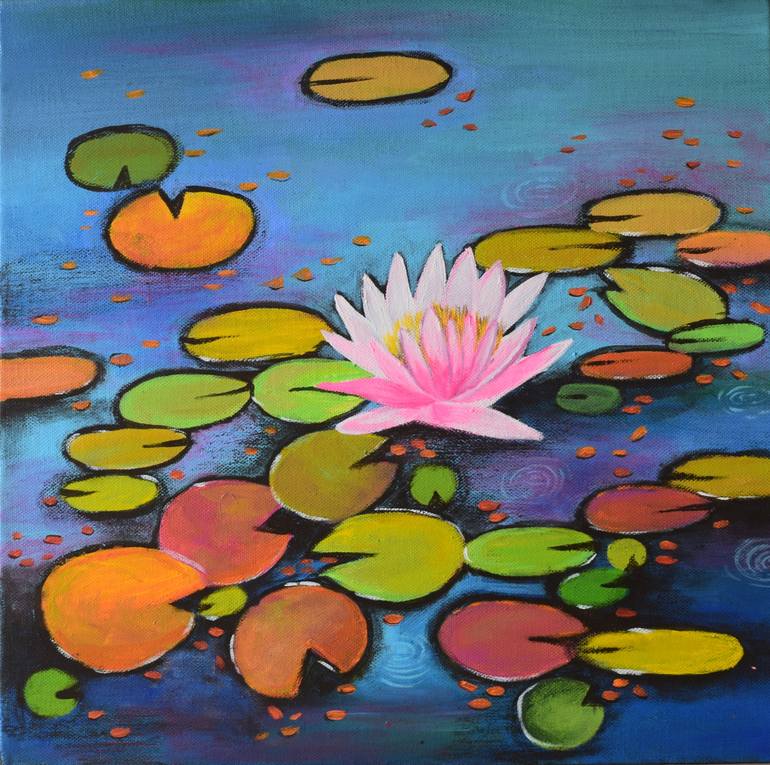 Tranquil water lilies pond ! Round canvas painting! Ready to hang on wall  Painting by Amita Dand