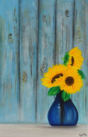 sunflowers in blue vase thumb