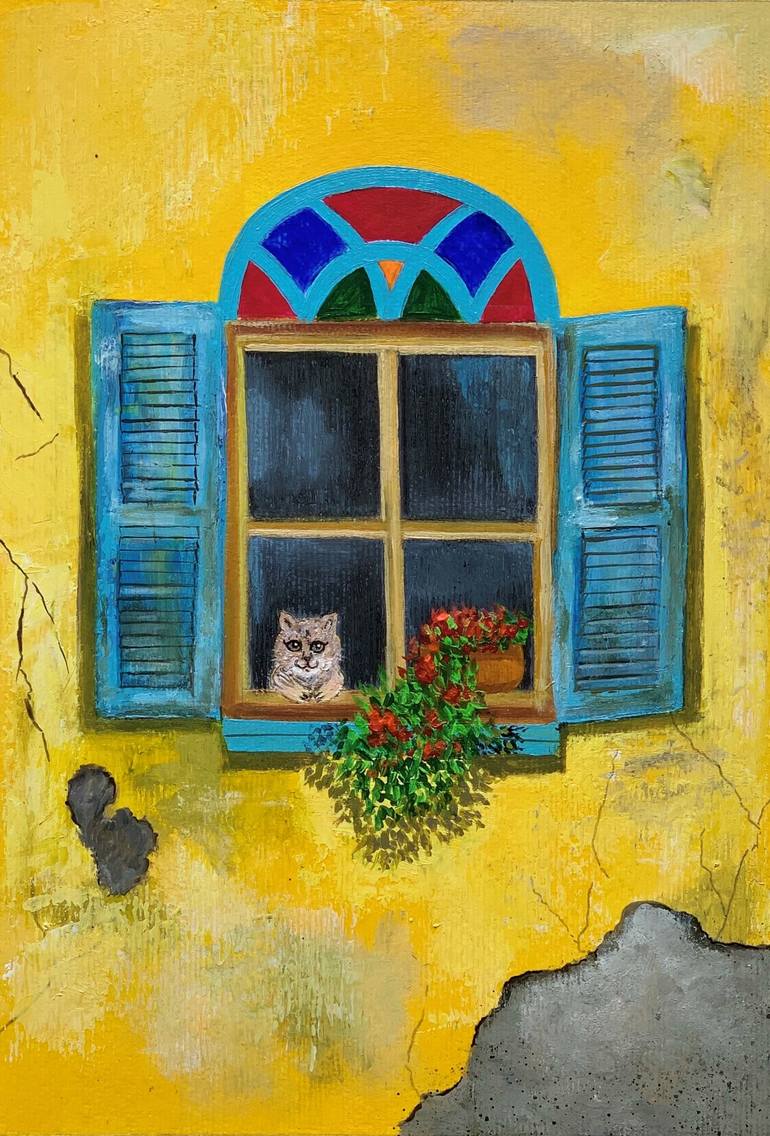 Yellow wall ! Cat in the window Painting by Amita Dand | Saatchi Art