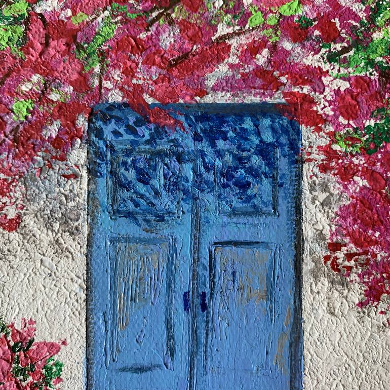 Santorini! Blue door with bougainvillea Painting by Amita Dand ...