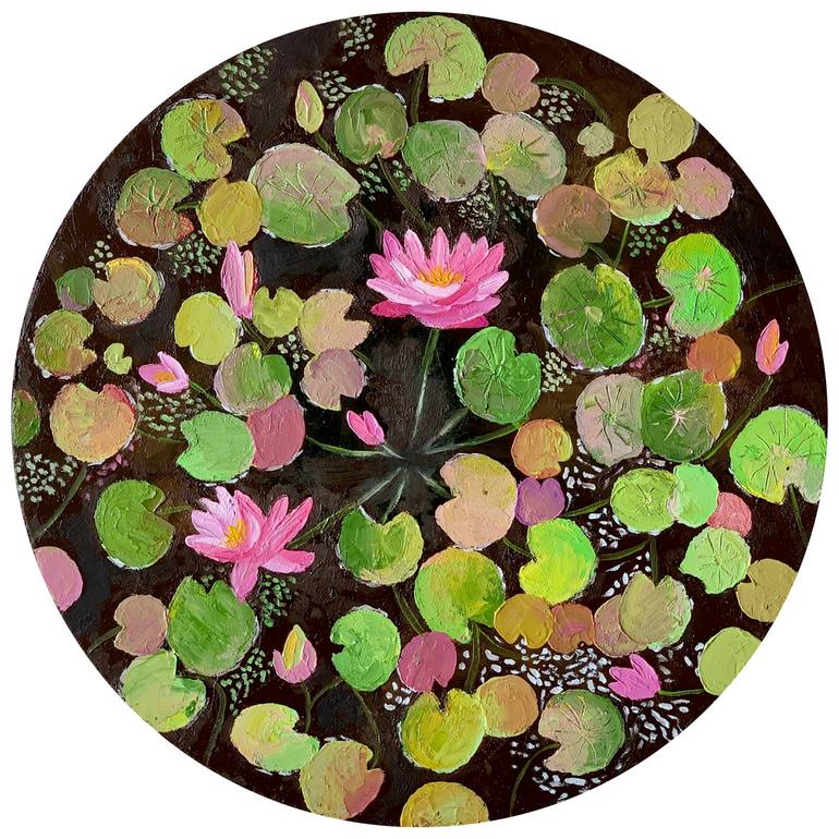 Tranquil water lilies pond ! Round canvas painting! Ready to hang