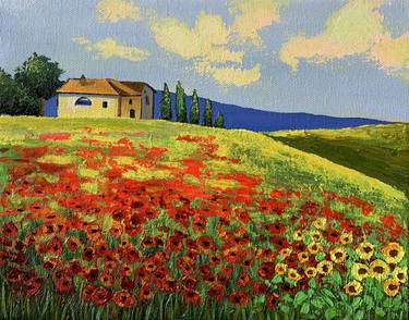 Tuscan landscape! Red poppy and sunflower field thumb