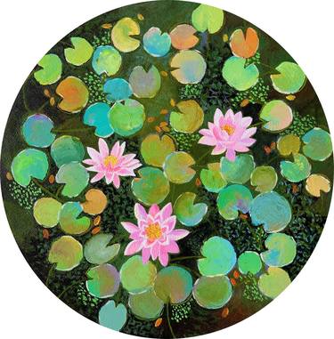 Pink water lilies pond ! 12 inches round canvas painting thumb