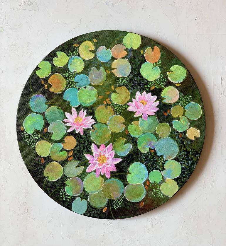 Tranquil water lilies pond ! Round canvas painting! Ready to hang on wall