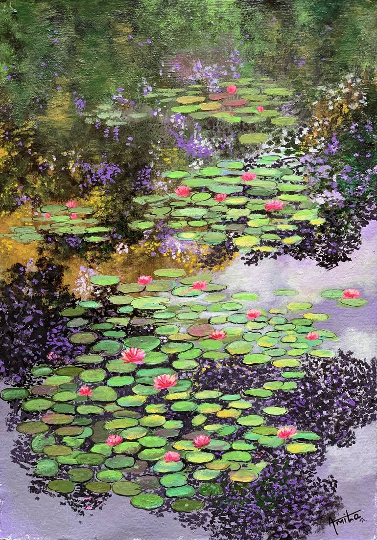 Water lilies pond! garden Painting by Amita Dand Saatchi Art