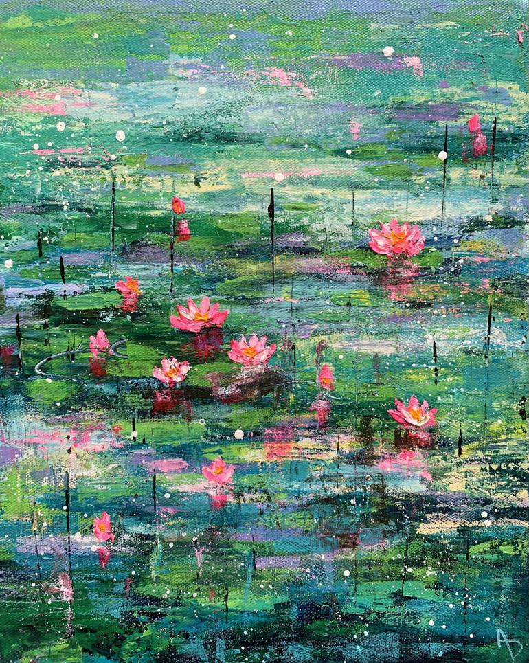 Tranquil water lilies pond ! Round canvas painting! Ready to hang on wall  Painting by Amita Dand