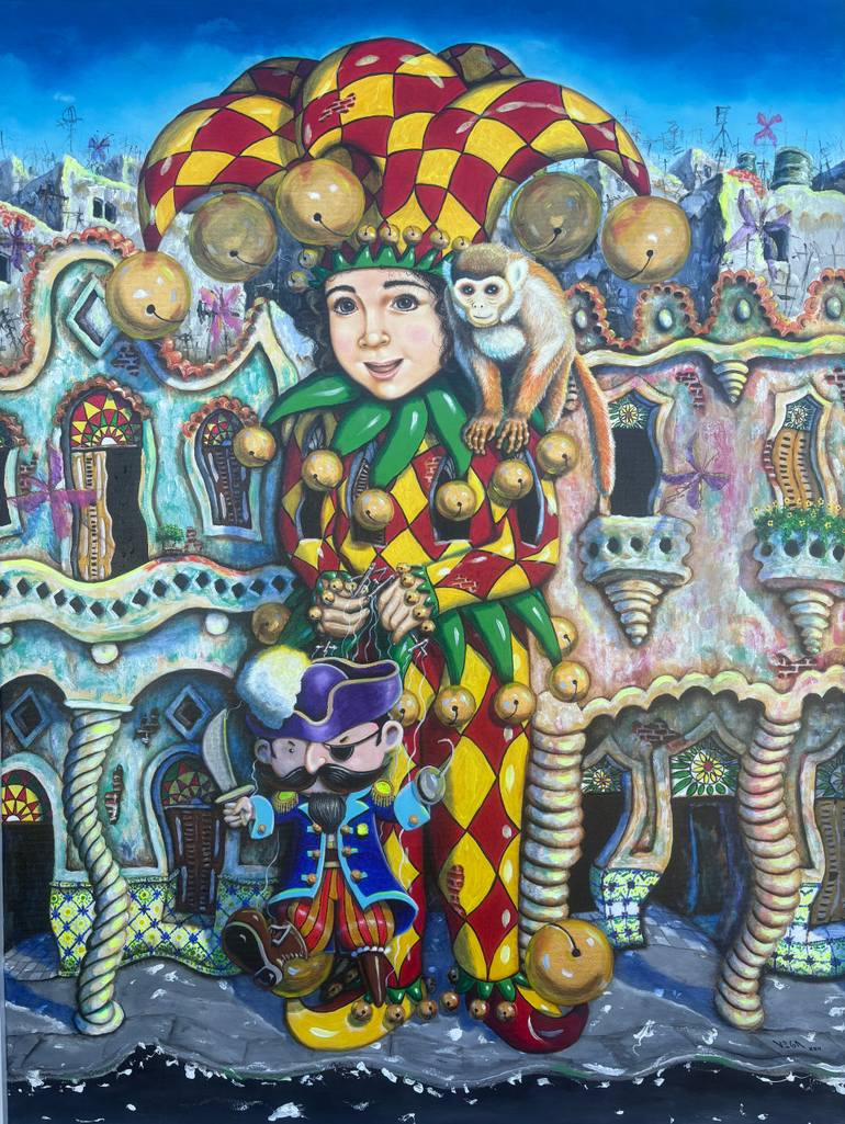Original Architecture Painting by Carlos Rafael Vega | Surrealism Art on Canvas | Arlequin con Titere