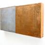 Copper/Silver Diptych, is a small sculptural painting consisting of two square canvases with acrylic color and copper and silver leaf. The reflective quality of metal leaves creates a meditative platform. The color and light of the panting changes with mood of the day and lighting in the room.