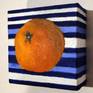 The artist loves trying new things like painting an abstract orange on a blue and white striped background. The orange sits on a flat surface with no shadows or 3-D dimension. This lack of dimension provides the abstract feeling of the object being up front or flat on the canvas. it was painted on a 4 x 4 wraparound canvas measuring 1 1/2 " It includes writing so it can be displayed as is.