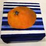 The artist loves trying new things like painting an abstract orange on a blue and white striped background. The orange sits on a flat surface with no shadows or 3-D dimension. This lack of dimension provides the abstract feeling of the object being up front or flat on the canvas. it was painted on a 4 x 4 wraparound canvas measuring 1 1/2 " It includes writing so it can be displayed as is.