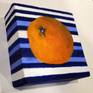 The artist loves trying new things like painting an abstract orange on a blue and white striped background. The orange sits on a flat surface with no shadows or 3-D dimension. This lack of dimension provides the abstract feeling of the object being up front or flat on the canvas. it was painted on a 4 x 4 wraparound canvas measuring 1 1/2 " It includes writing so it can be displayed as is.