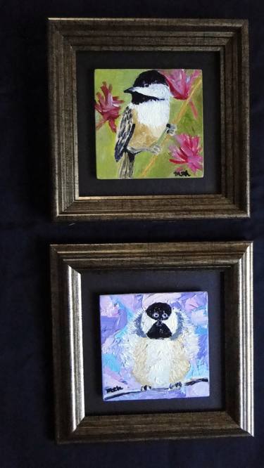Black-eyed Chicadee  & Puffed-Up Chicadee (Set of Two Oil Paintings) thumb