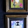 The artist has bird feeders at her home and this creates an inspiration for some of her bird paintings.  The image of both of these chicadees was painted on a 4 x 4 canvas board surface.  She then mounted them on a brown painted background and framed them in two matching wood 7 1/2 by 7 1/2 frames. 

For viewers that love bird watching, these two paintings would be a good match.