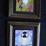 The artist has bird feeders at her home and this creates an inspiration for some of her bird paintings.  The image of both of these chicadees was painted on a 4 x 4 canvas board surface.  She then mounted them on a brown painted background and framed them in two matching wood 7 1/2 by 7 1/2 frames. 

For viewers that love bird watching, these two paintings would be a good match.