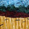 The artist used palette knife to get the thick consistency of paint she needed for this painting to have the feeling of Van Gogh's paintings.  One of this last paintings had crows flying over a cornfield and this is a memorial painting to that wonderful artist.  Van Gogh painted his most famous paintings in ten years and didn't get the recognition he sought until after his death.  Today he is recognized as one of our most masterful painters.
