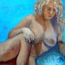 This oil painting of a female nude was painted live from a posing session. The artist's aim was to focus on the light and shadows cast on the nude. The background is painted turquoise blue. The canvas measures 9 x 12 inches.