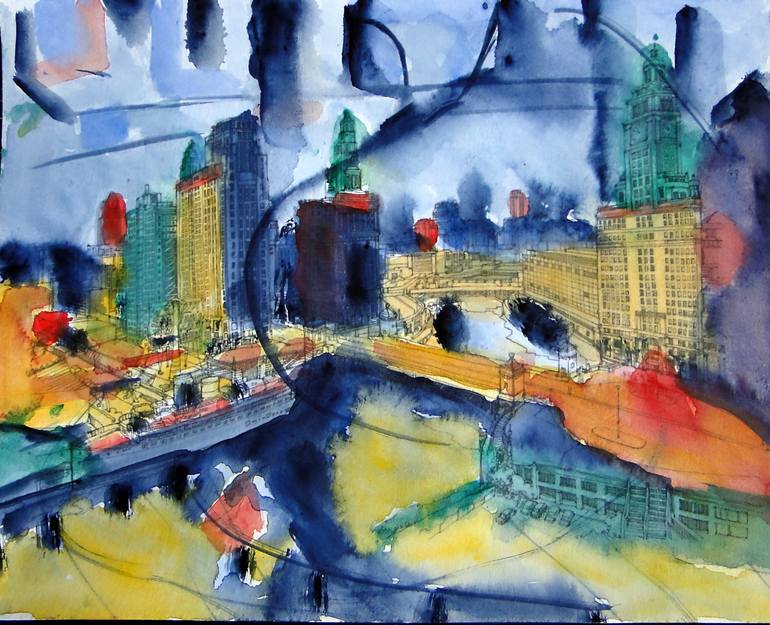 Original Abstract Cities Painting by Marie T Harris