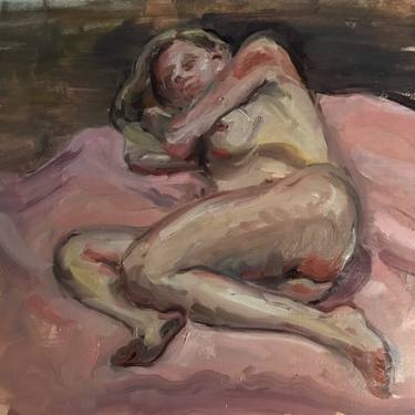 Resting nude women on salmon pink thumb