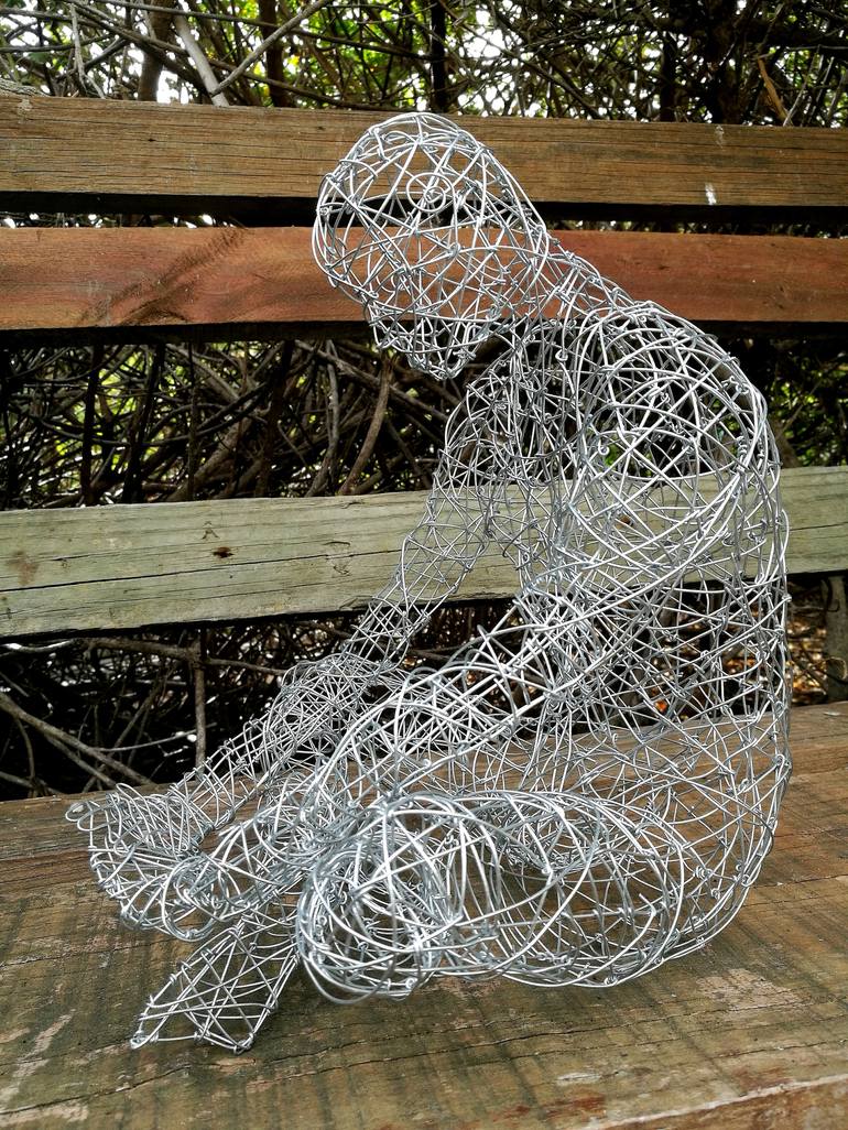 Contemplating' Male Wire Sculpture Sculpture by Simone Wojciechowski