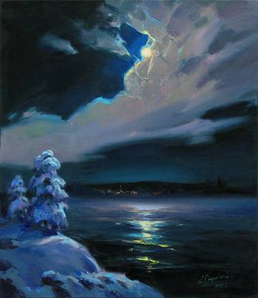 "Winter night" Original landscape Oil painting on canvas thumb