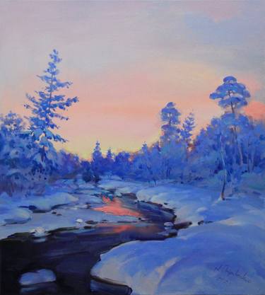 "Winter in blue" Original landscape oil painting on canvas thumb
