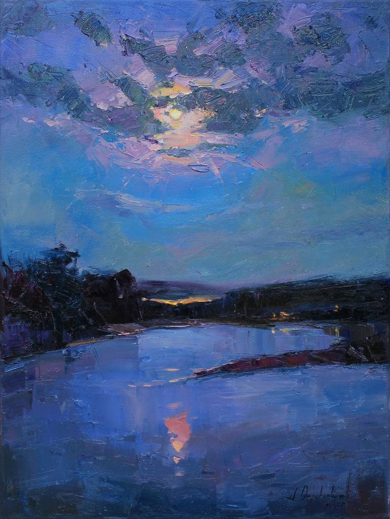 Full moon over the river Original oil painting on canvas Painting by ...