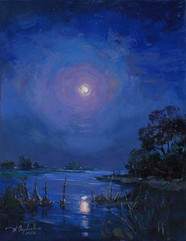 "Night silence" Original landscape oil painting on canvas thumb