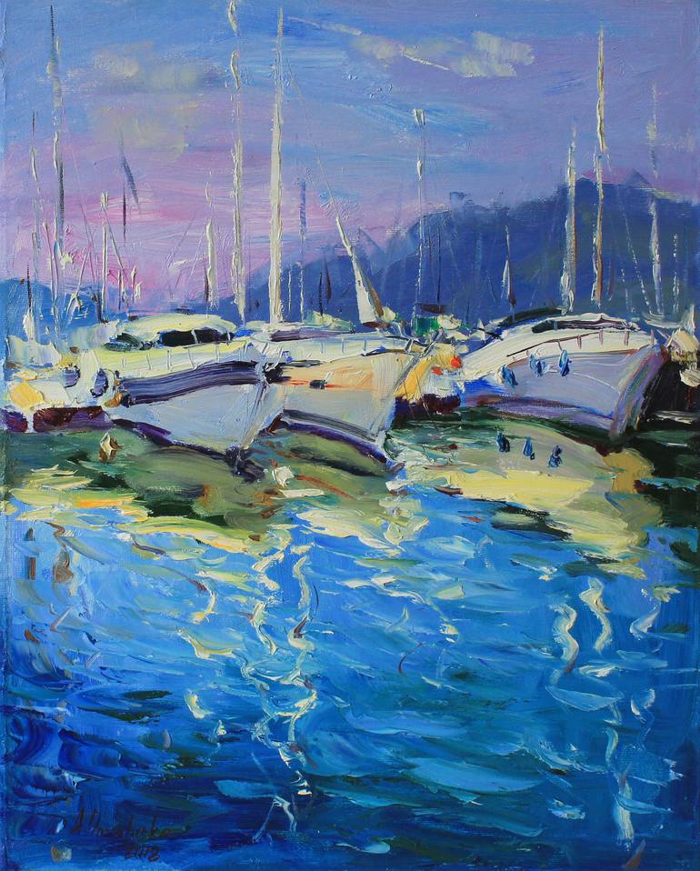 Impressionist art Gift Yacht Wall decor Sea landscape Boats Montenegro Seascape oil painting Oil on canvas Original Painting