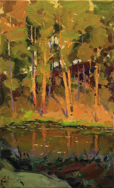 "Evening" Original forest lake landscape Oil painting thumb