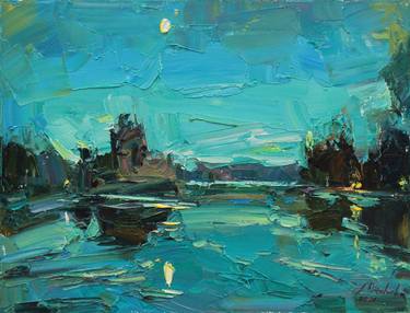 "Blue night" Original landscape Oil painting on canvas thumb