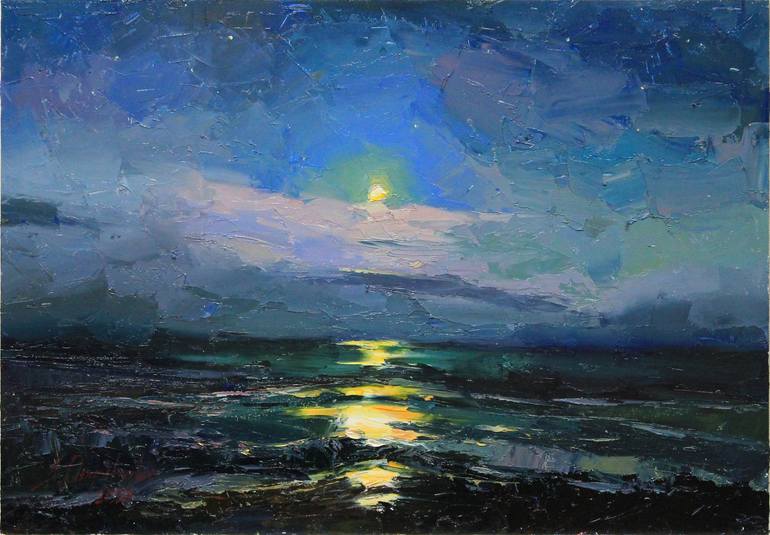 Moon over the sea Original seascape Oil painting on panel